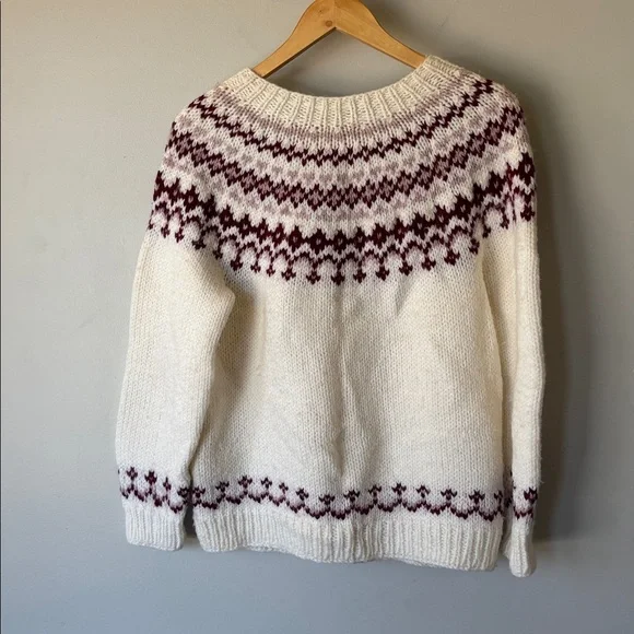 Handmade Fair Isle Cardigan Women’s Large Nordic Burgundy Ivory Knit Sweater - Picture 4 of 6